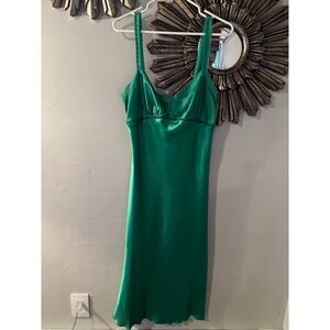 NWOT Vintage Y2K Bebe Emerald Green Satin Slip Dress Lace Trim Midi Size L